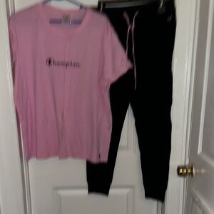 Champion Pink Logo T-Shirt with Black Joggers